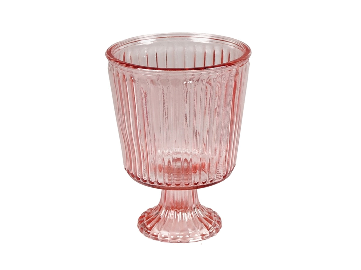 Centrotavola moderno cilindrico con piedistallo in vetro rosa traslucido con decoro a rilievo - 18x13 cm - Plà thea