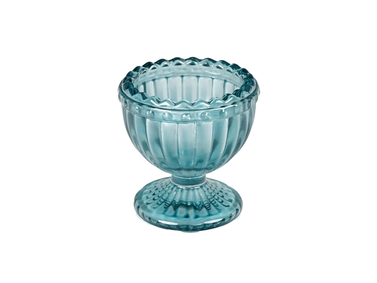 Portacandela classico in vetro blu traslucido con decorazioni a rilievo, 6x5 cm per candela sfera o tealight - Plà thea