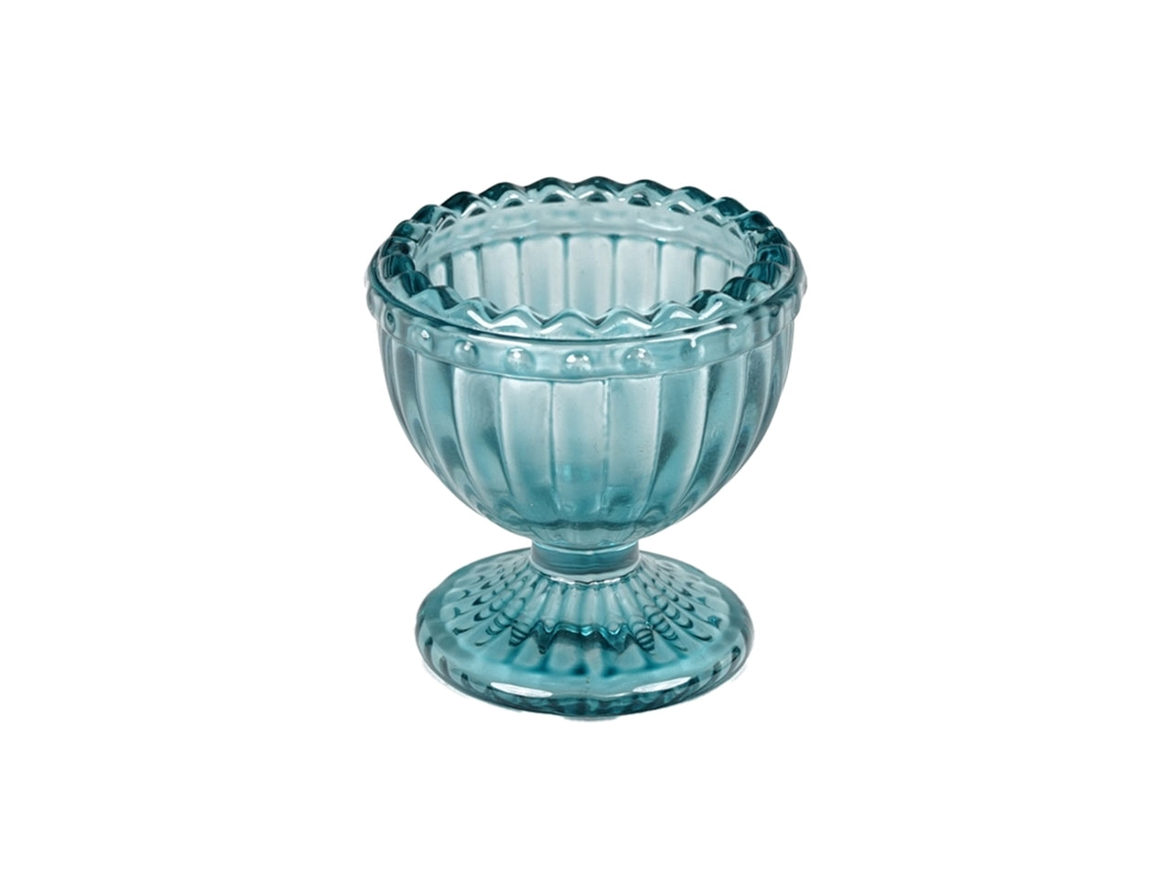 Portacandela classico in vetro blu traslucido con decorazioni a rilievo, 6x5 cm per candela sfera o tealight - Plà thea