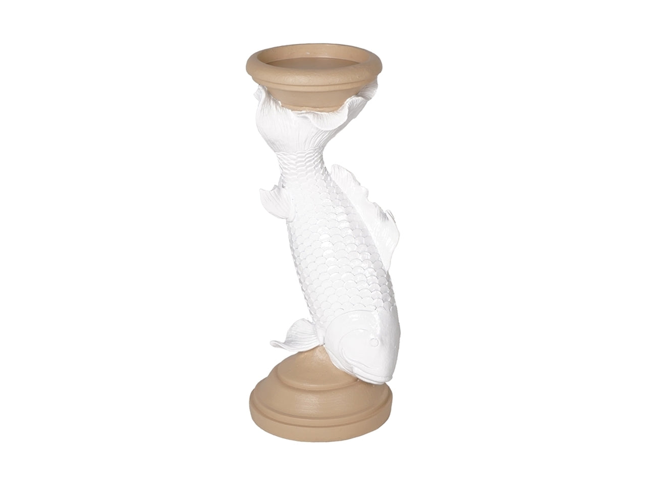 Porta candele orientale in resina color crema e bianco con fusto a forma di carpa - altezza 30 cm, diametro 11 cm - Plà thea