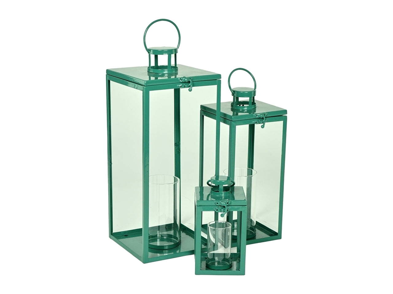 Lanterna da terra in metallo e vetro verde scuro - set 3 dimensioni - Plà thea