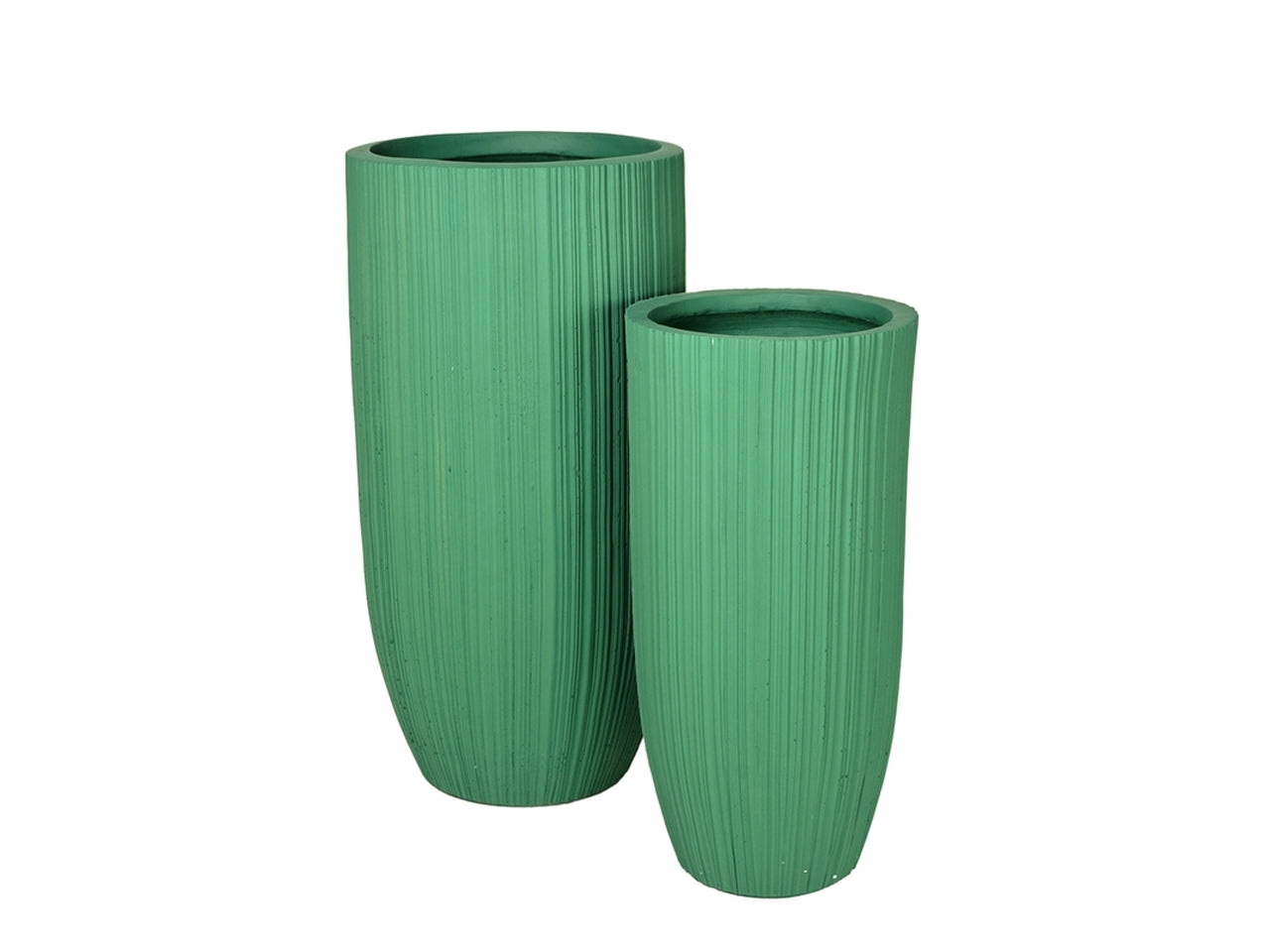 Vaso d'arredo moderno, in resina, verde salvia, forma cilindrica con lavorazione a rilievo, uso interno/esterno, set da 2 - Plà thea