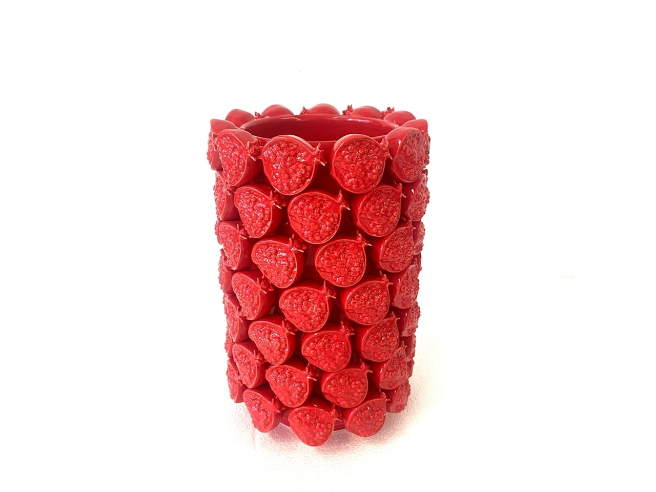 Vaso d'arredo moderno in ceramica rossa, cilindrico con melagrana a rilievo, per uso interno - 24x36cm - Plà thea