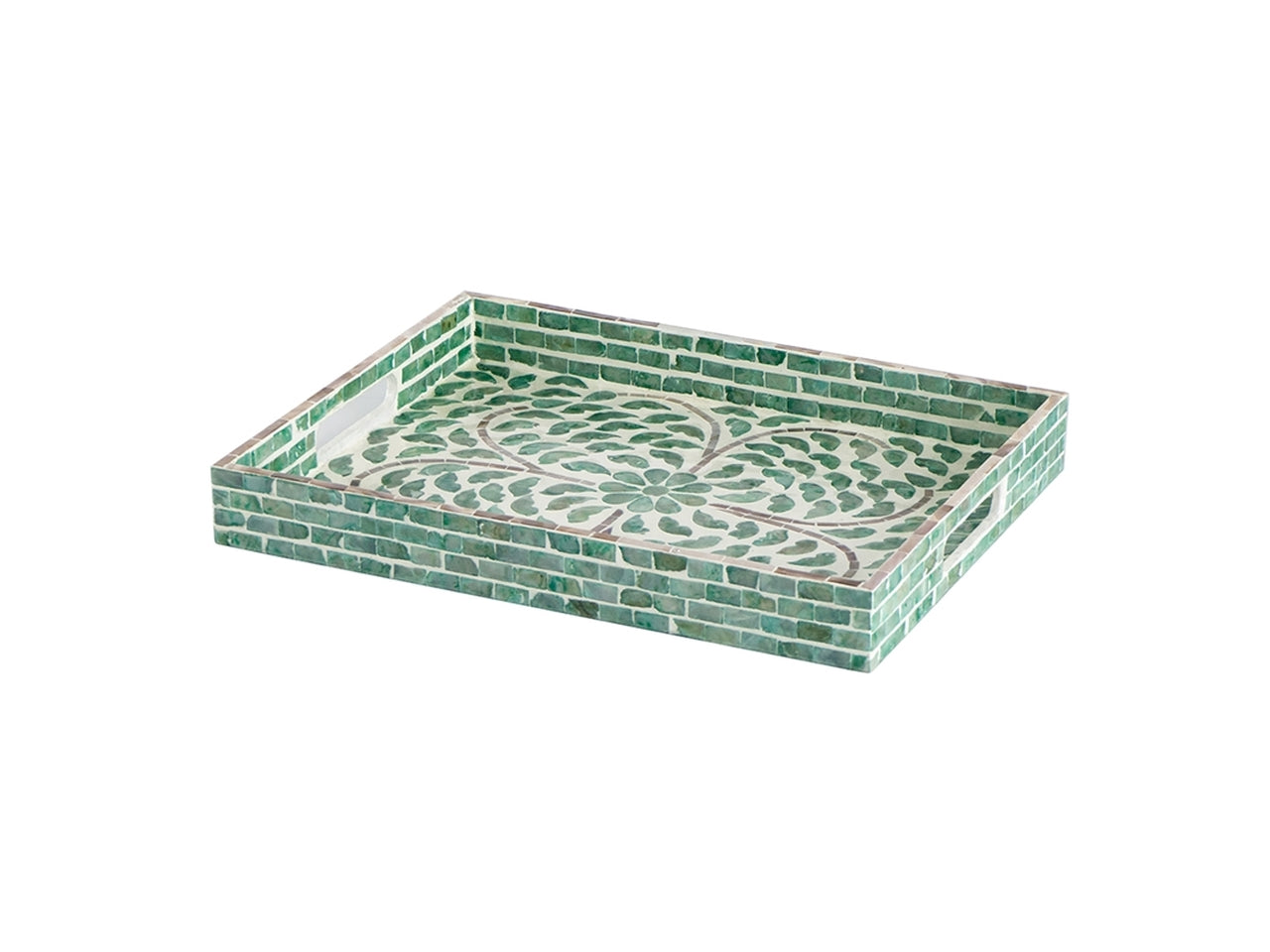 Vassoio decorativo effetto mosaico madreperla, in mdf e conchiglie stile etnico, verde e avorio - 38x30x4,5cm - Plà thea