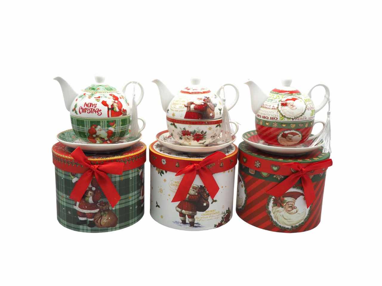 Teiera con tazza e piattino natalizia in scatola regalo 3 decori assortiti