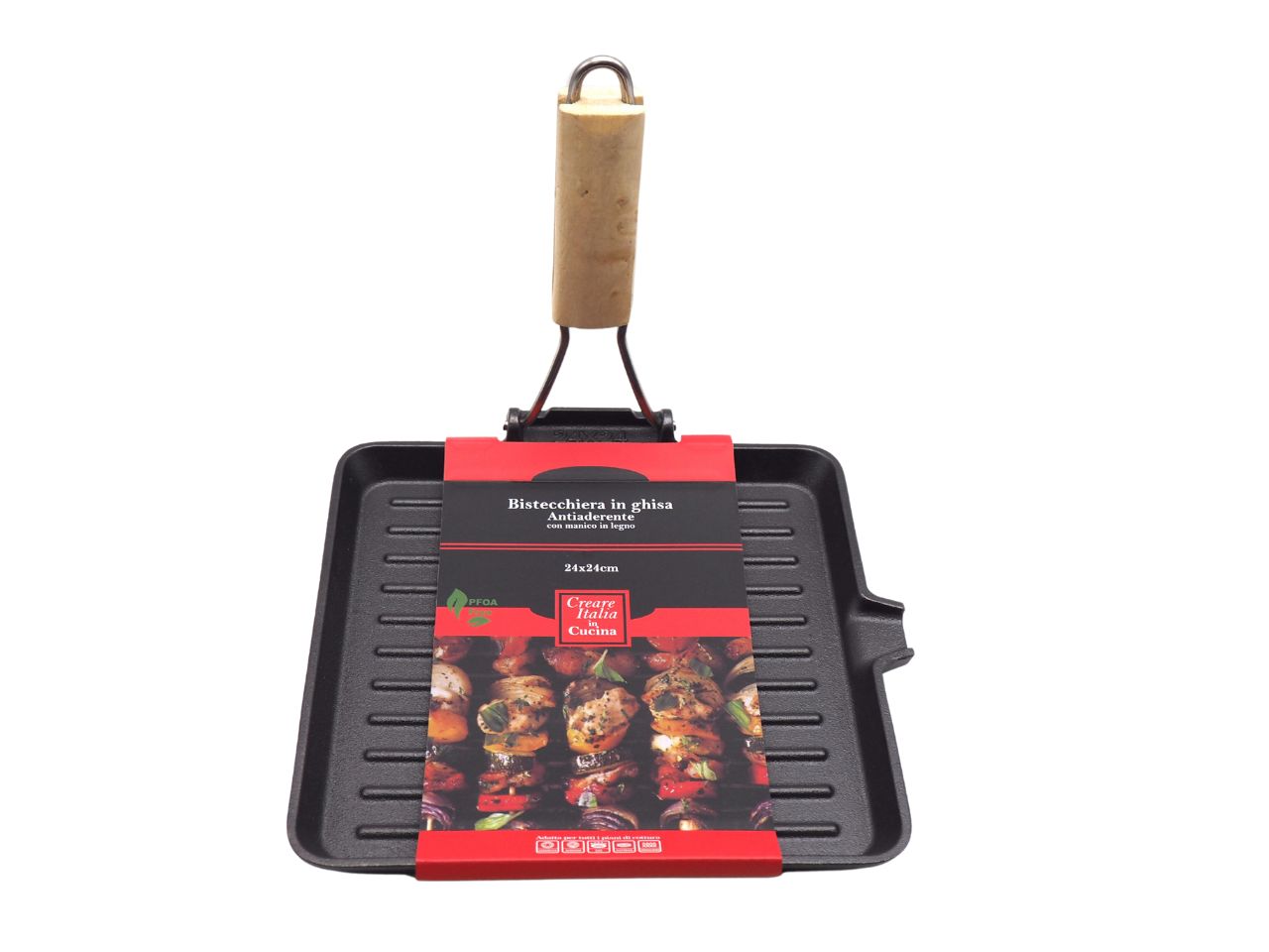 Bistecchiera antiaderente in ghisa a induzione, quadrata, con manico in legno, compatibile con ceramica, alogeno, gas, elettrico, induzione - 24x24x3,5cm - Creare