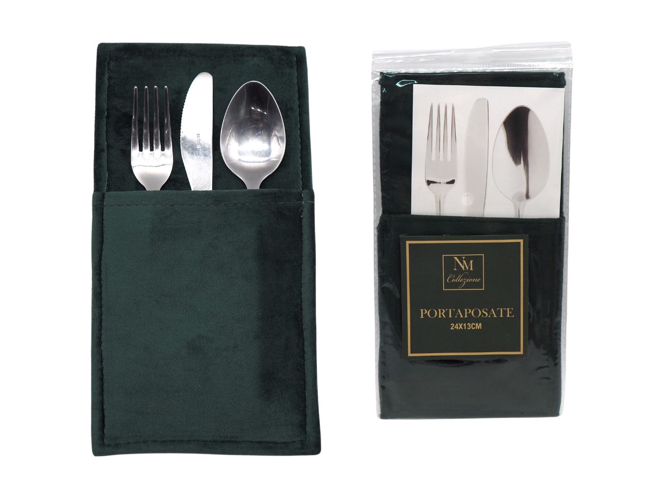 Porta posate rettangolare natalizio in velluto verde per 1 persona 24x13 cm - Creare Italia