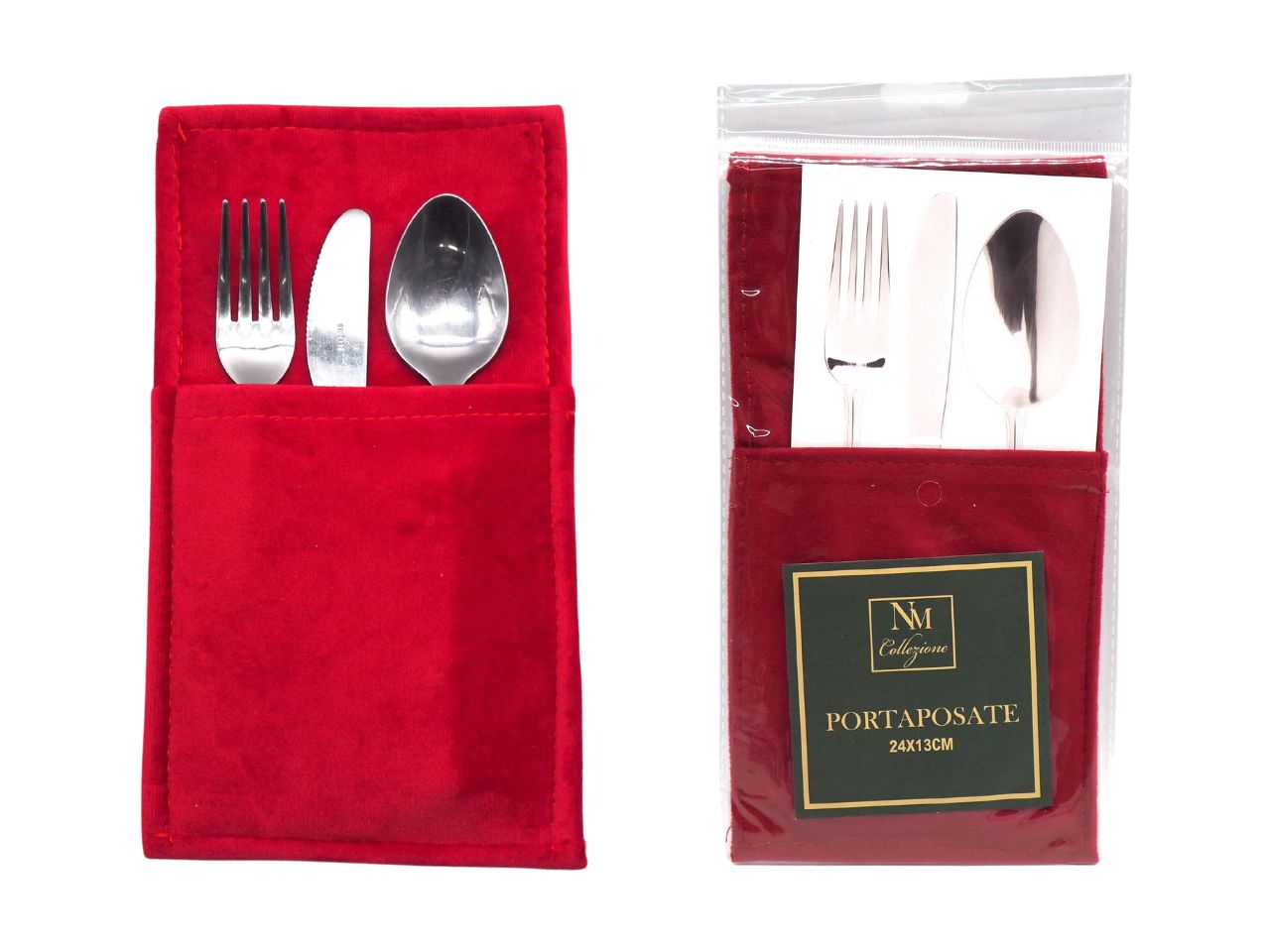 Porta posate rettangolare natalizio in velluto rosso per 1 persona 24x13 cm - Creare Italia