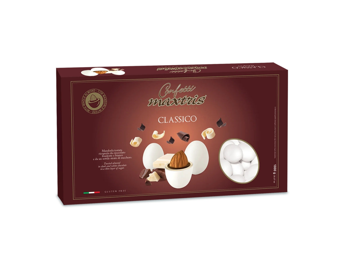 Confetti Maxtris Classico Bianco ricoperti da cioccolato fondente e bianco per bomboniere - 1kg