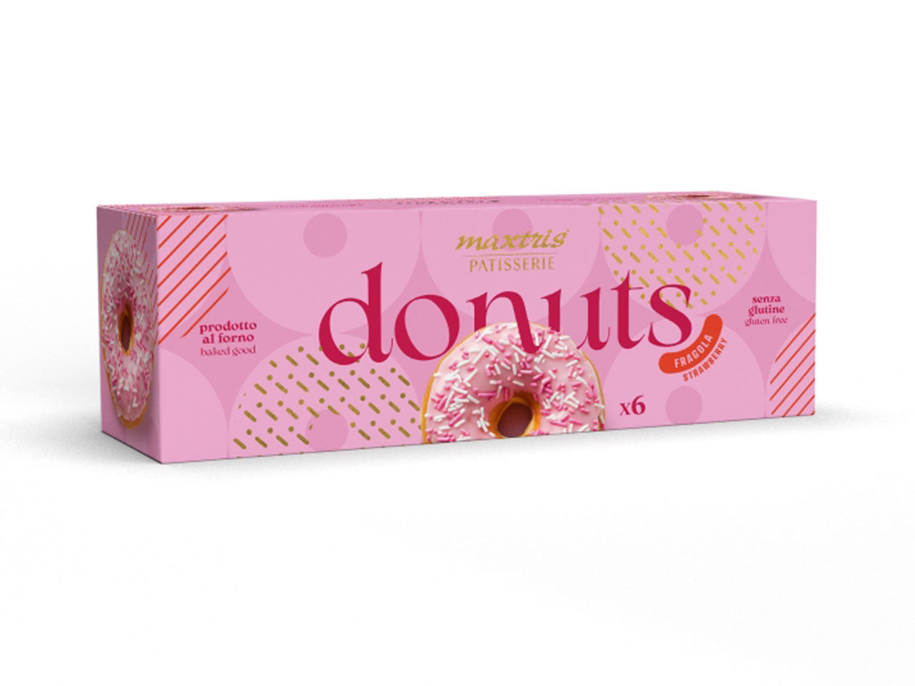 Donuts ciambelle alla fragola senza glutine, in scatola da 6 pezzi confezionati singolarmente - Maxtris