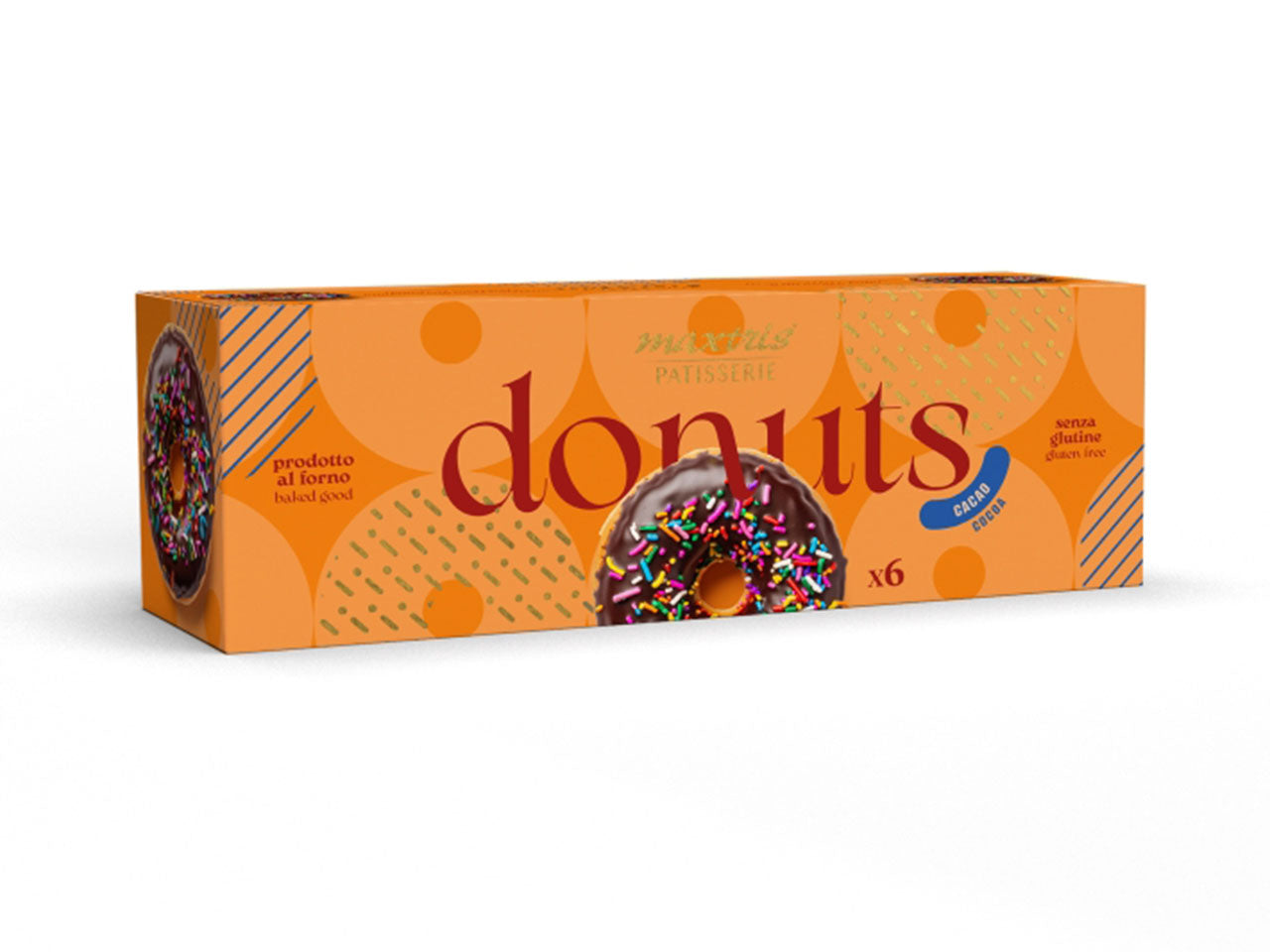 Donuts ciambelle al cacao senza glutine, in scatola da 6 pezzi confezionati singolarmente - Maxtris