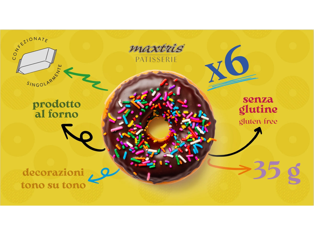 Donuts ciambelle al cacao senza glutine, in scatola da 6 pezzi confezionati singolarmente - Maxtris