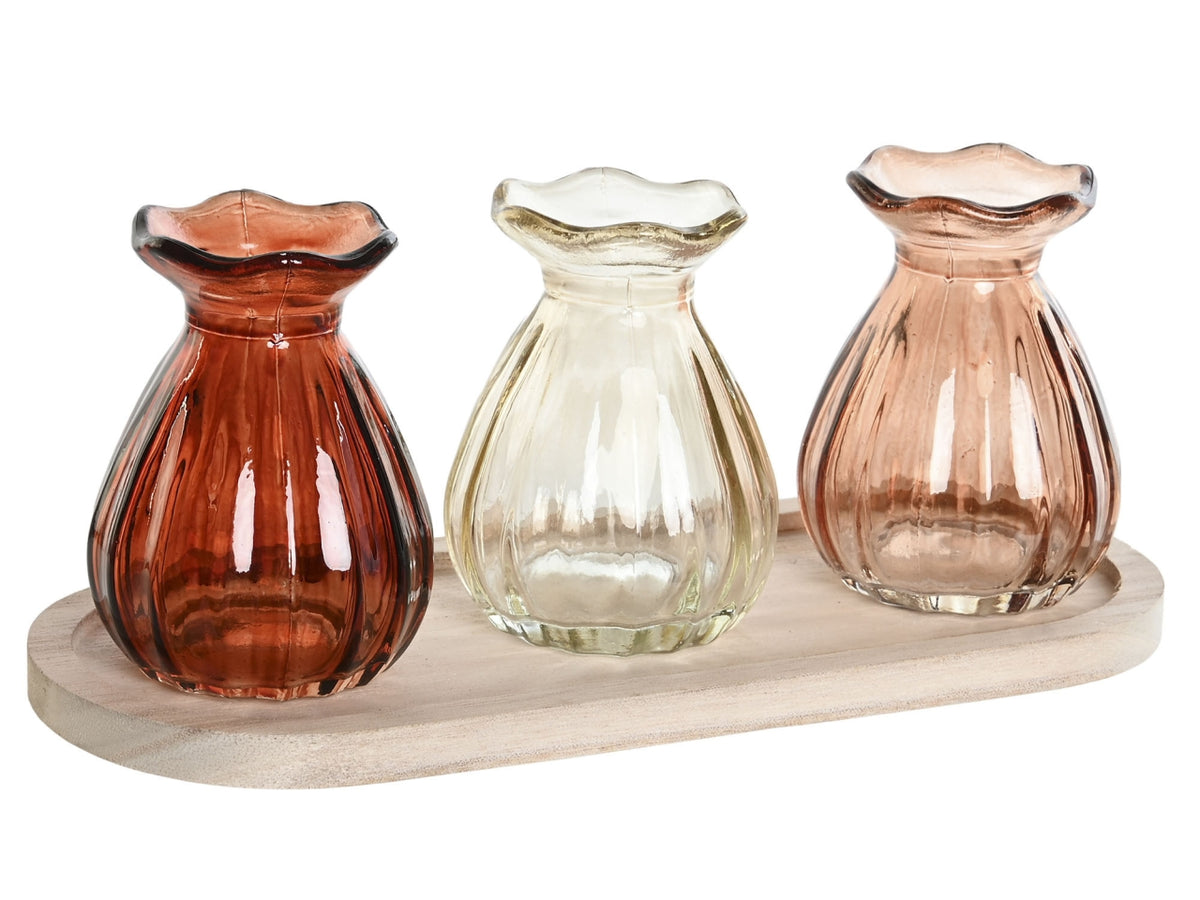 Vaso decorativo boho in paulownia e vetro multicolor, set da 3 vasetti e 1 vassoio, 25x10.5x11 cm - Item