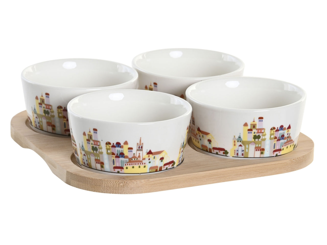 Ciotole per aperitivo in gres porcellana e bambù multicolor in stile contemporaneo, vassoio con 4 ciotole - Item