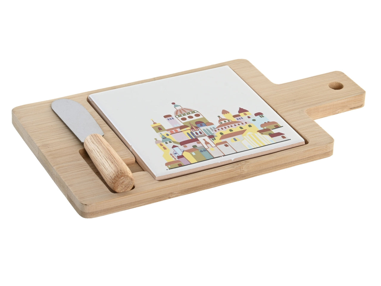 Vassoio aperitivo rettangolare in bambù e ceramica multicolor contemporaneo 21.5x11.8x1.5 cm - Item