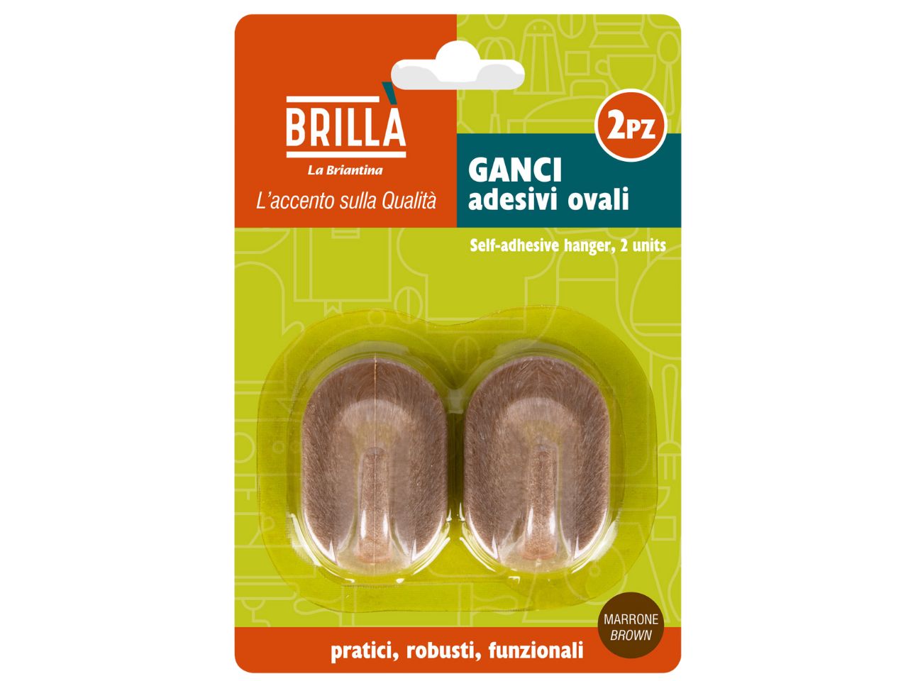 Ganci adesivi ovali 2 pezzi marrone