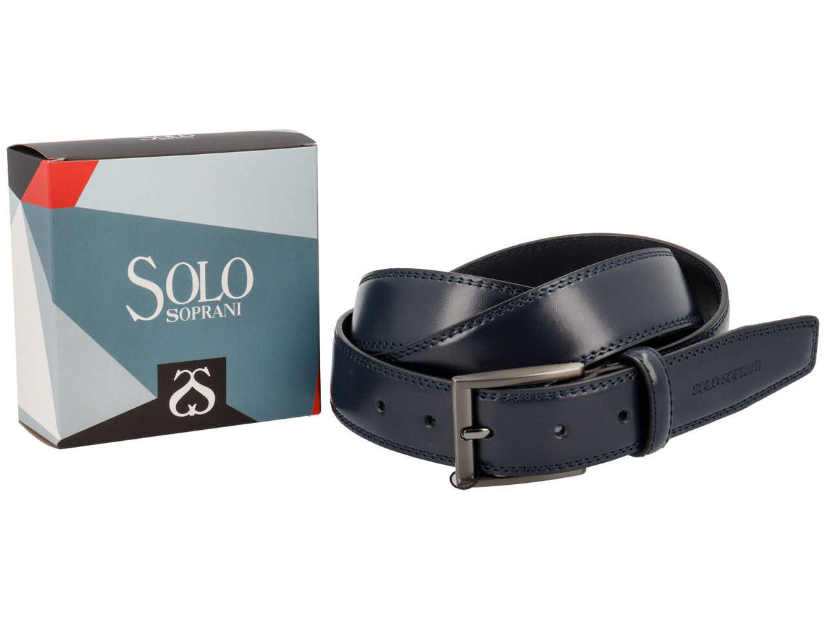 Cintura da uomo blu in pelle liscia con fibbia di metallo grigio scuro satinato, larghezza 3,5 cm in taglie assortite dalla 115 alla 130 cm - Solo Soprani