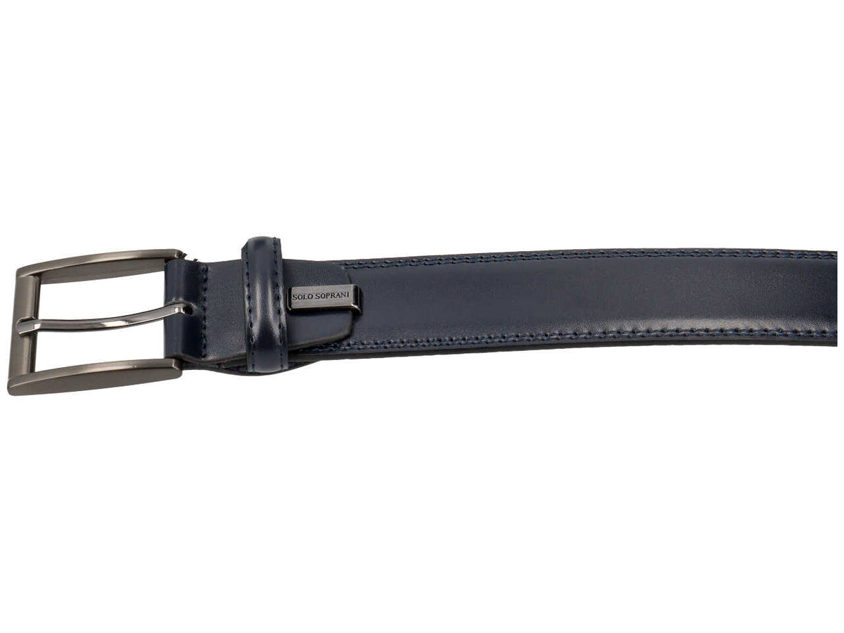 Cintura da uomo blu in pelle liscia con fibbia di metallo grigio scuro satinato, larghezza 3,5 cm in taglie assortite dalla 115 alla 130 cm - Solo Soprani