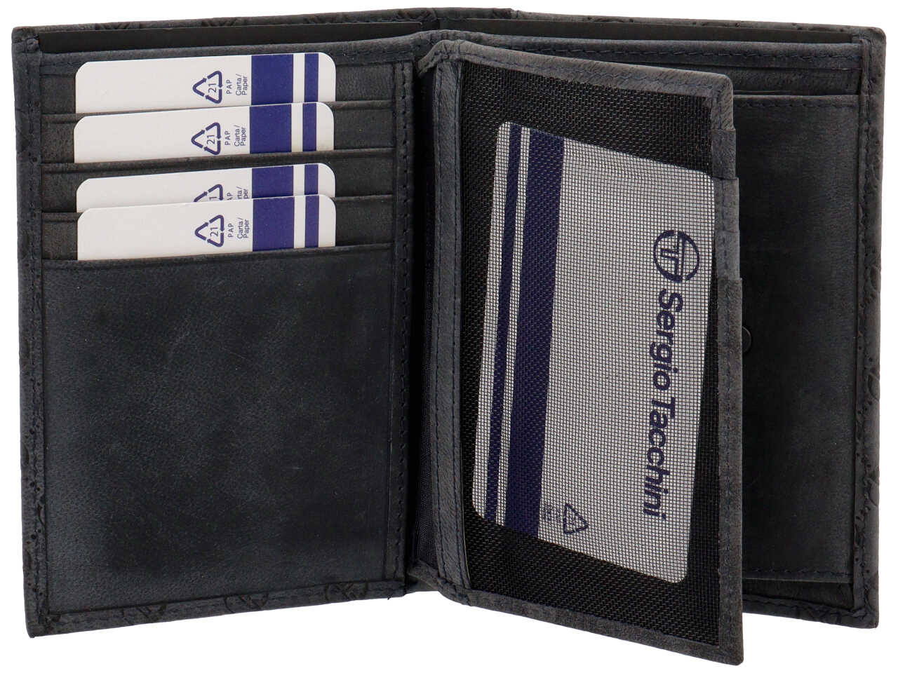 Portafoglio da uomo in pelle blu scuro con logo, chiusura a libro, 12,5x9,5 cm - Sergio Tacchini