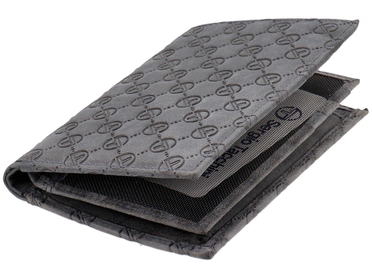Portafoglio da uomo in pelle blu scuro con logo, chiusura a libro, 12,5x9,5 cm - Sergio Tacchini