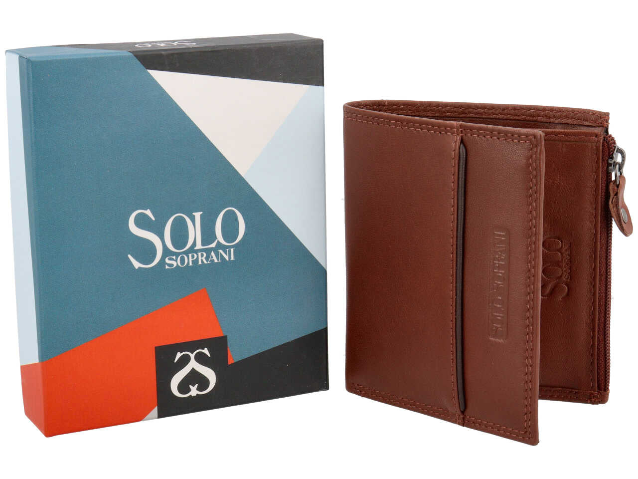 Portafoglio da uomo in pelle marrone con portamonete laterale e inserto marrone scuro, 8x13 cm - Solo Soprani