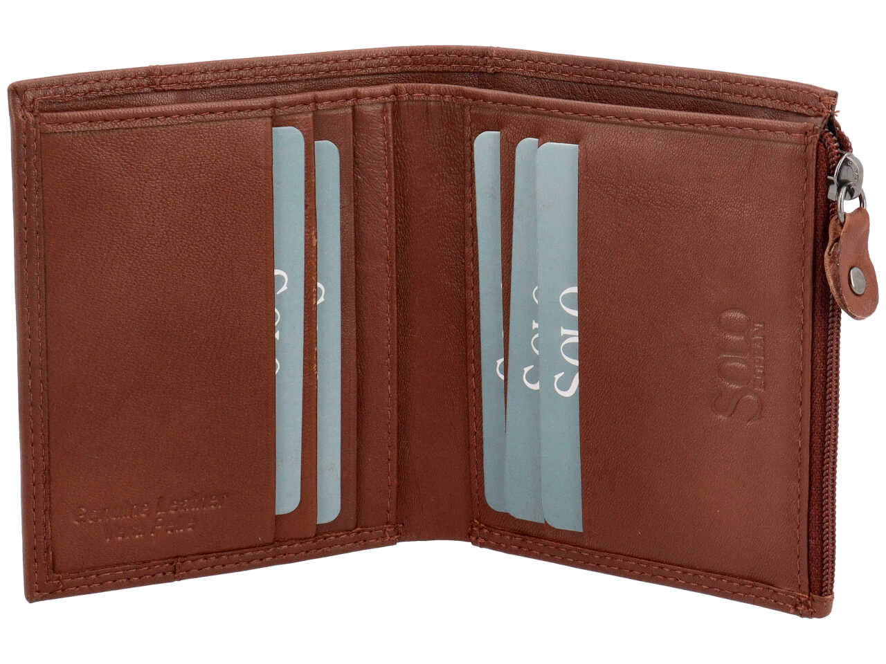 Portafoglio da uomo in pelle marrone con portamonete laterale e inserto marrone scuro, 8x13 cm - Solo Soprani