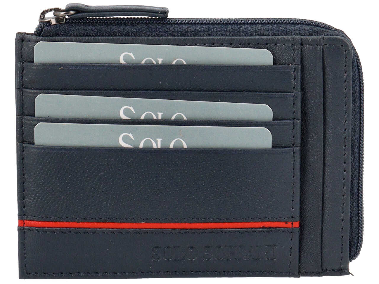 Portacarte da uomo in pelle martellata blu con inserto rosso e portamonete, 9x12 cm - Solo Soprani
