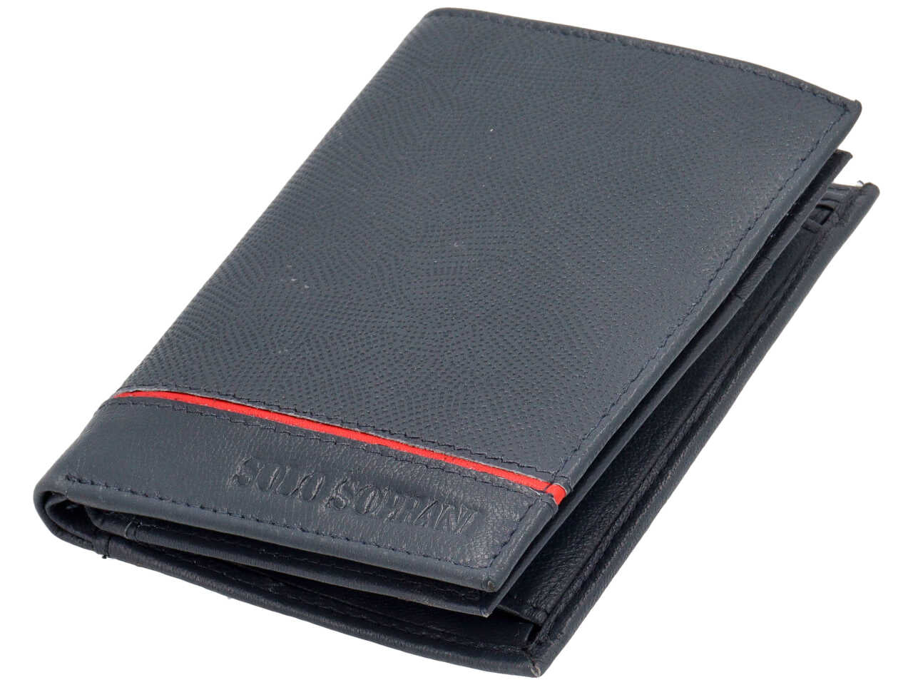 Portafoglio da uomo in pelle martellata blu con inserto rosso, chiusura a libro e portamonete, 12,5x9 cm - Solo Soprani