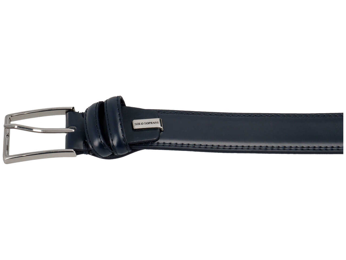 Cintura da uomo blu scuro in pelle liscia con fibbia di metallo argento, larghezza 3,5 cm in taglie assortite dalla 115 alla 130 cm - Solo Soprani