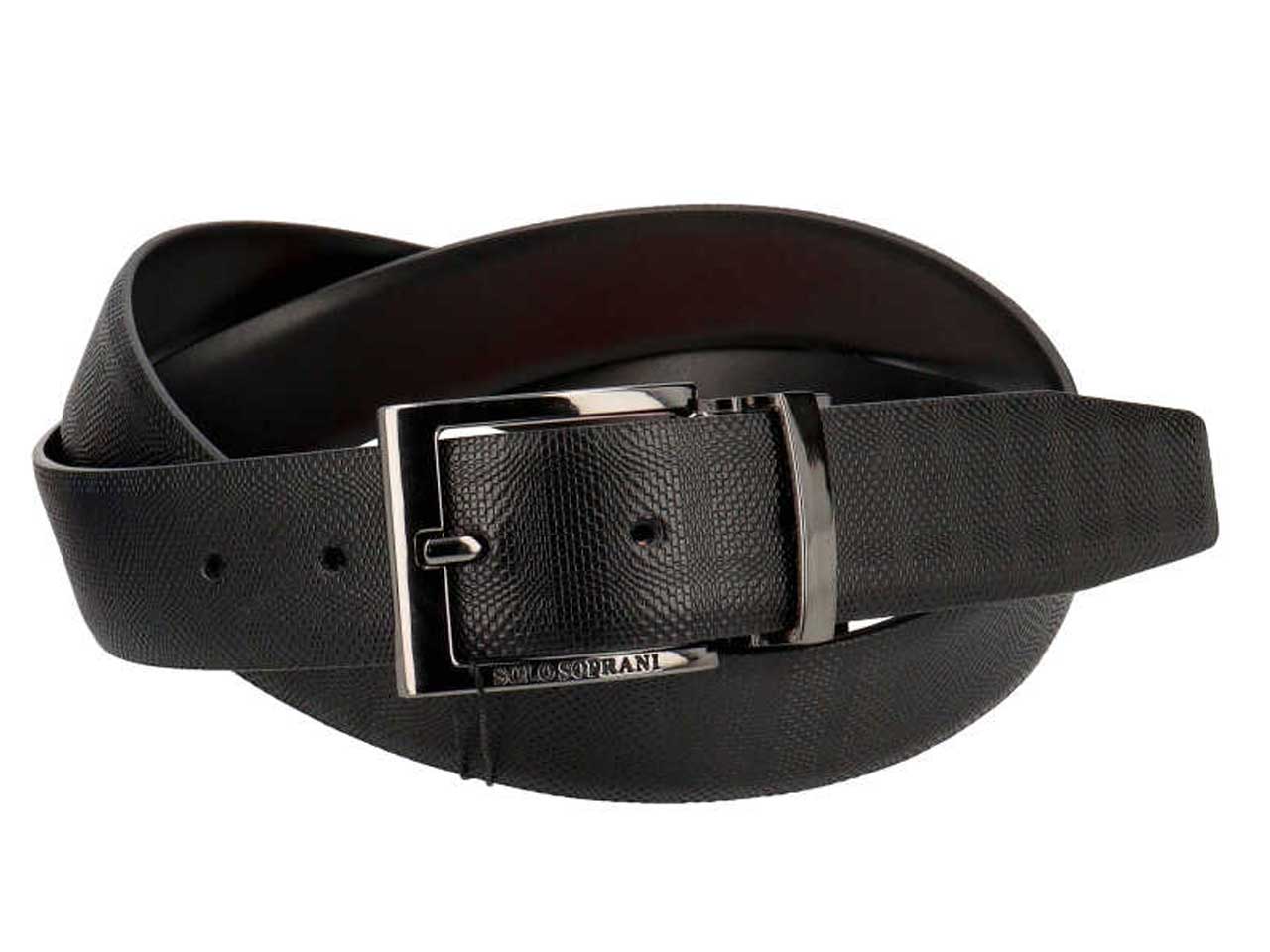 Cintura da uomo nero in pelle reversibile con decoro liscio e lavorato, larghezza 3,5 cm in taglie assortite dalla 115 alla 130 - Solo Soprani