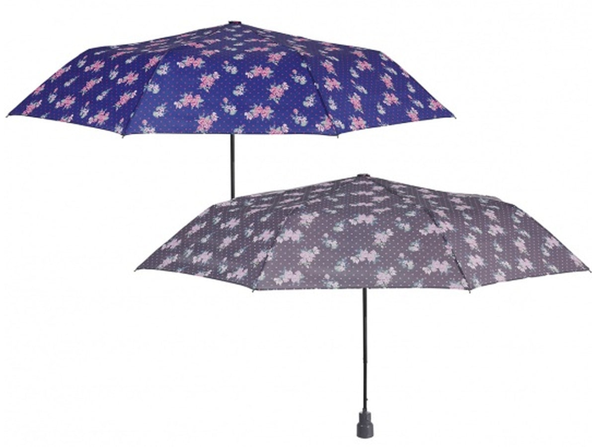 Ombrello tascabile da donna con apertura automatica in poliestere e metallo, grigio e blu floreale - Perletti $