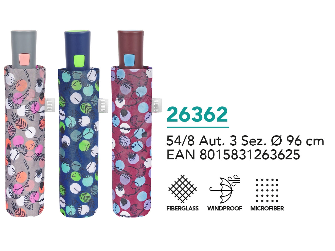 Ombrello da donna mini con apertura automatica in 3 colori assortiti a fantasia floreale - Perletti