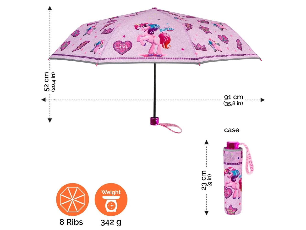Ombrello tascabile da bambina con unicorni rosa, apertura manuale - Perletti