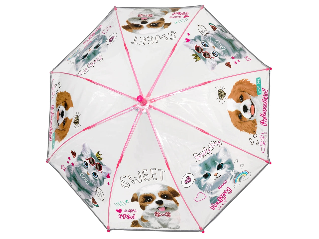 Ombrello con cani e gatti per bambina con apertura automatica trasparente - Perletti