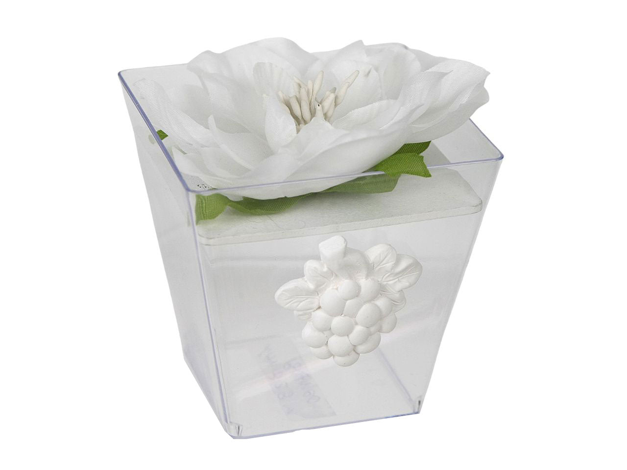 Scatola in pvc 7x7x7cm con peonia e gessetto uva colore bianco