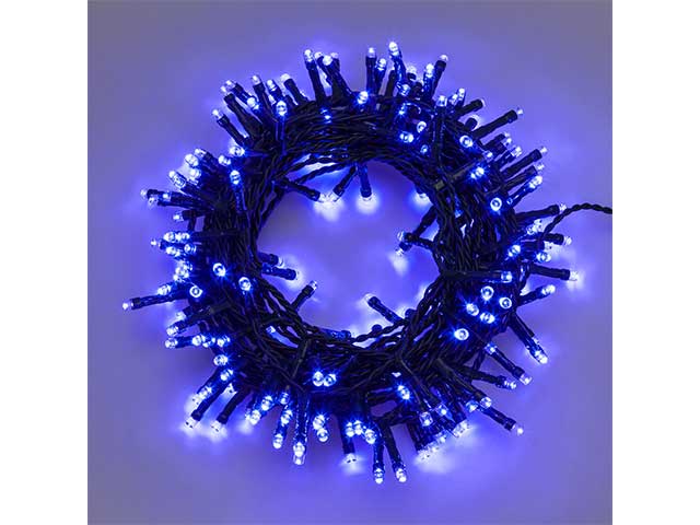 Catena 320led blu con controller 8 giochi di luce, filo verde 2+12,8mt uso interno/esterno