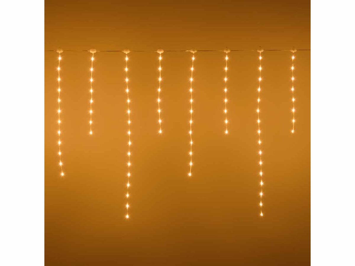 Tenda luci 220 gocce led bianco caldo 304x80cm con giochi di luce, cavo trasparente per uso interno/uso esterno