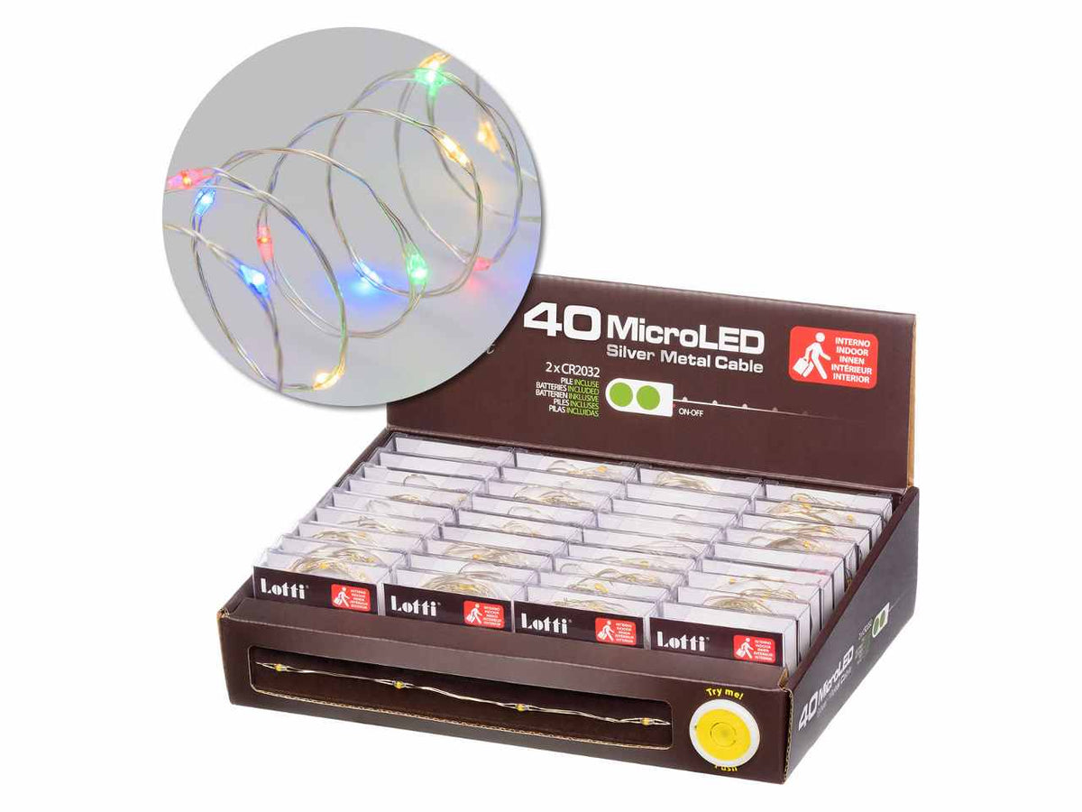 Luci con filo in metallo argento, 40 mini led multicolor, luce fissa, a batteria, uso interno