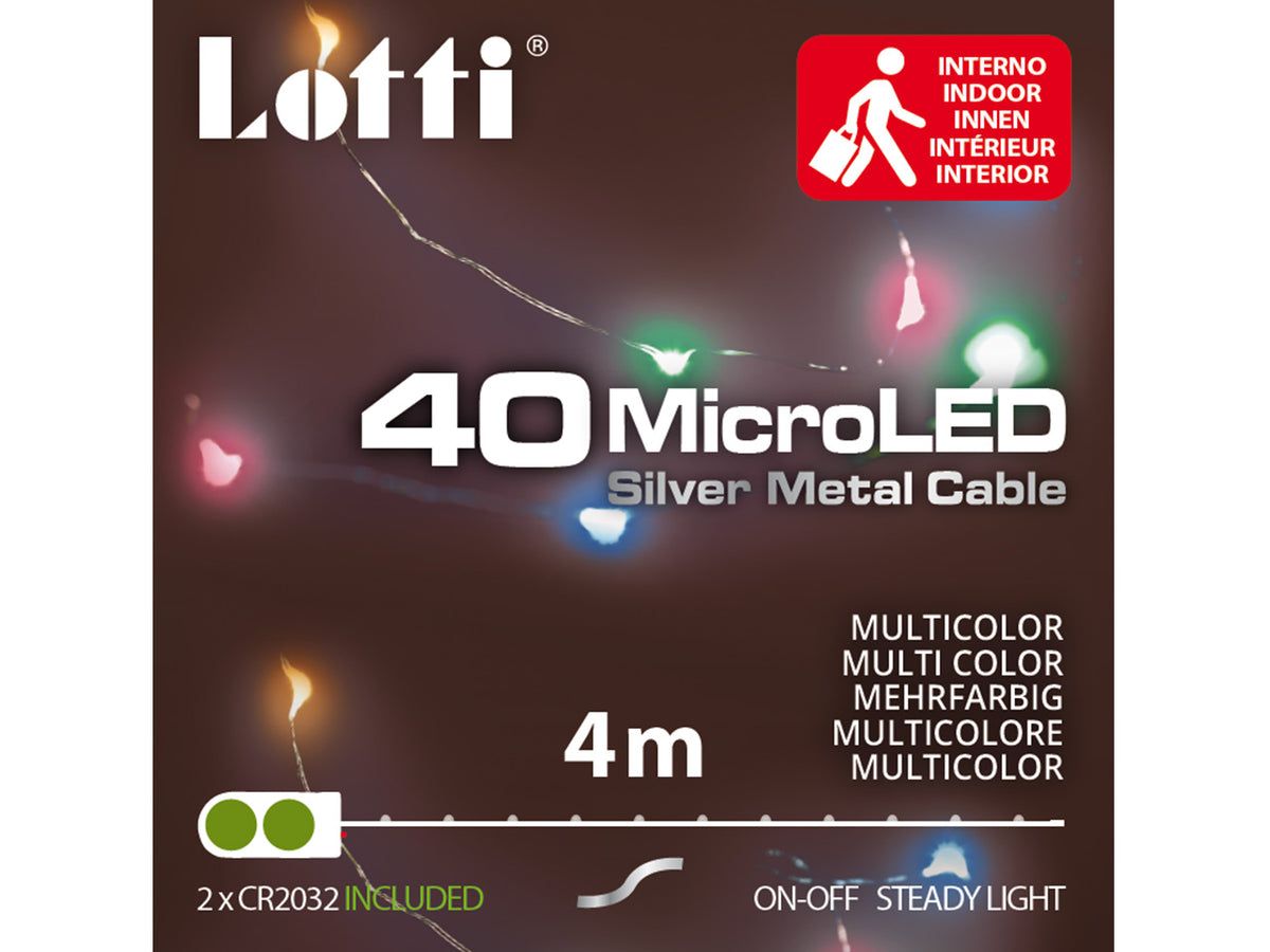 Luci con filo in metallo argento, 40 mini led multicolor, luce fissa, a batteria, uso interno
