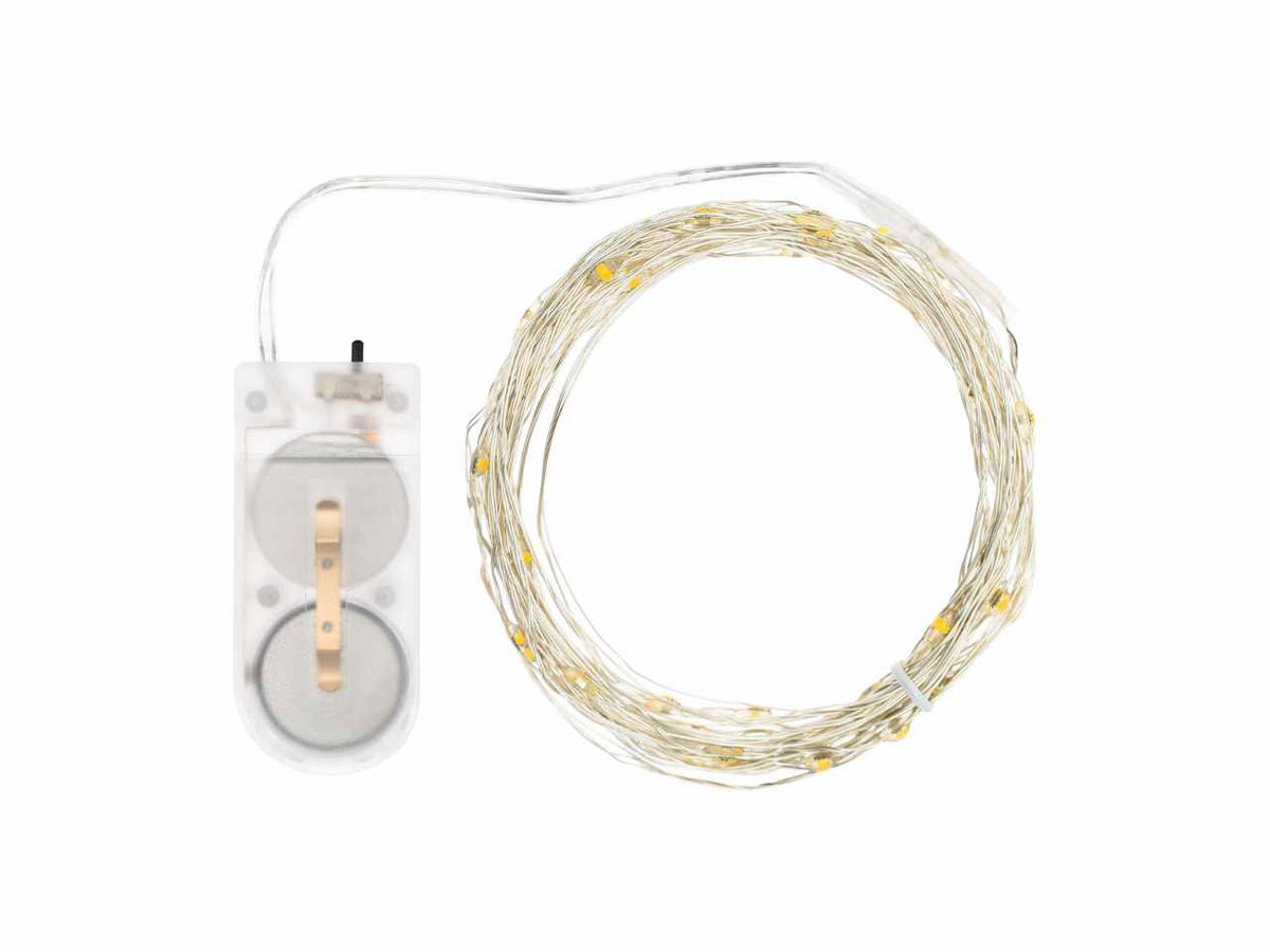Luci con filo in metallo argento 4mt, 40 micro led bianco caldo, luce fissa, a batteria 2xCR2032 incluse