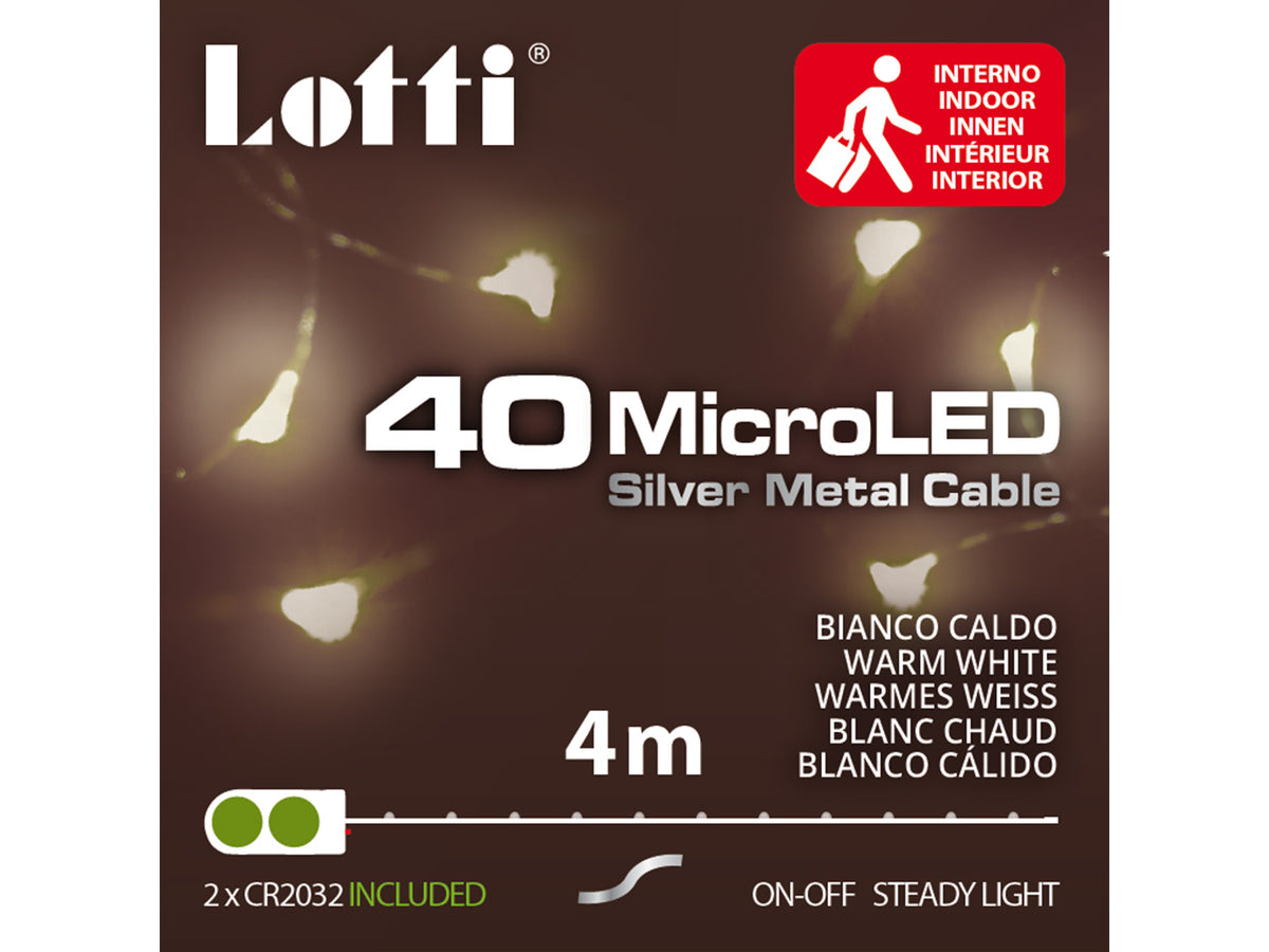Luci con filo in metallo argento 4mt, 40 micro led bianco caldo, luce fissa, a batteria 2xCR2032 incluse