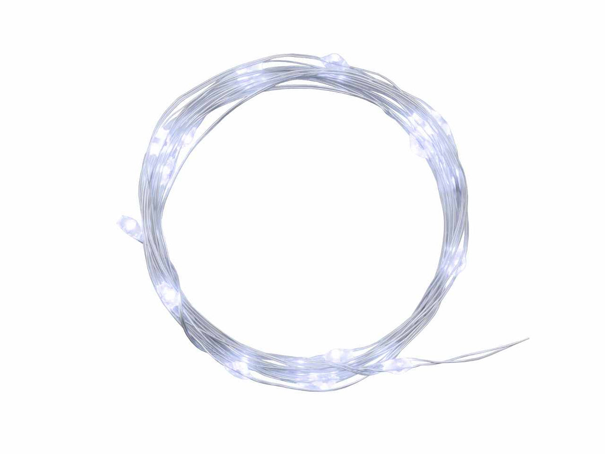 Filo metallo argento 2mt con 20micro led bianco freddo luce fissa a batteria 2xcr2032 incluse