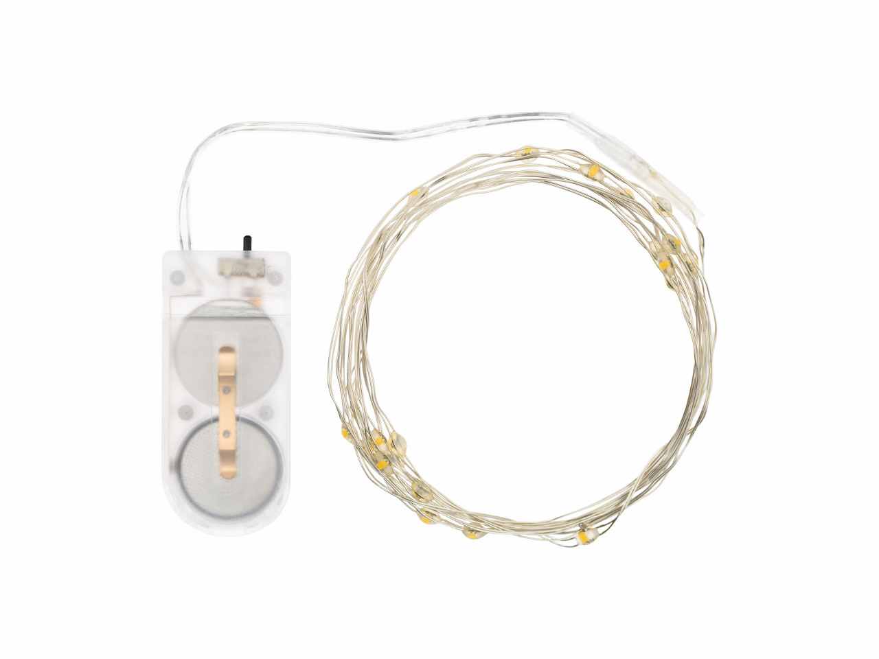 Luci con filo in metallo argento 2mt, 20 micro led bianco caldo, luce fissa, a batteria 2xCR2032 incluse