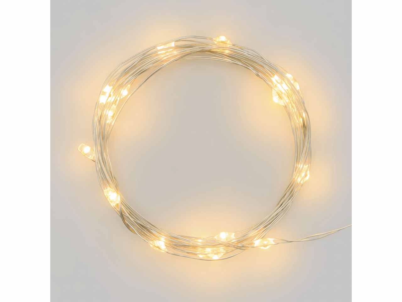 Luci con filo in metallo argento 2mt, 20 micro led bianco caldo, luce fissa, a batteria 2xCR2032 incluse