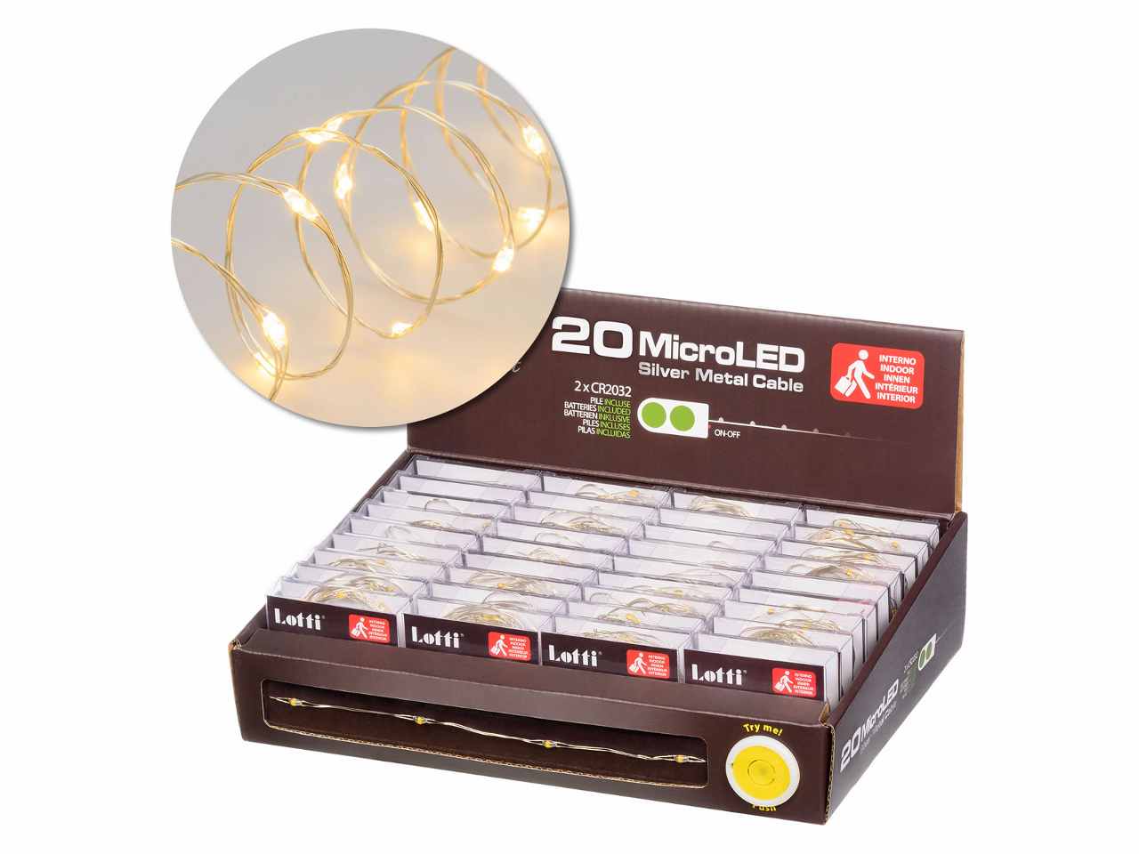 Luci con filo in metallo argento 2mt, 20 micro led bianco caldo, luce fissa, a batteria 2xCR2032 incluse
