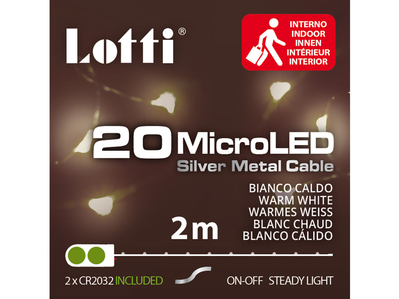 Luci con filo in metallo argento 2mt, 20 micro led bianco caldo, luce fissa, a batteria 2xCR2032 incluse