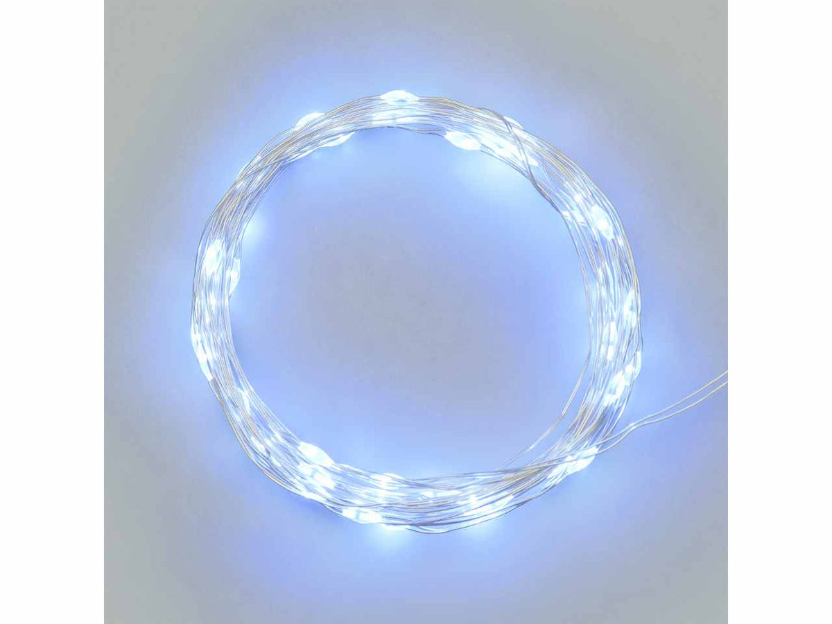 Luci con filo in metallo argento 4mt, 40 micro led bianco freddo, luce fissa, a batteria 2xCR2032 incluse