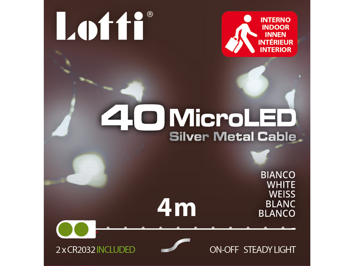 Luci con filo in metallo argento 4mt, 40 micro led bianco freddo, luce fissa, a batteria 2xCR2032 incluse