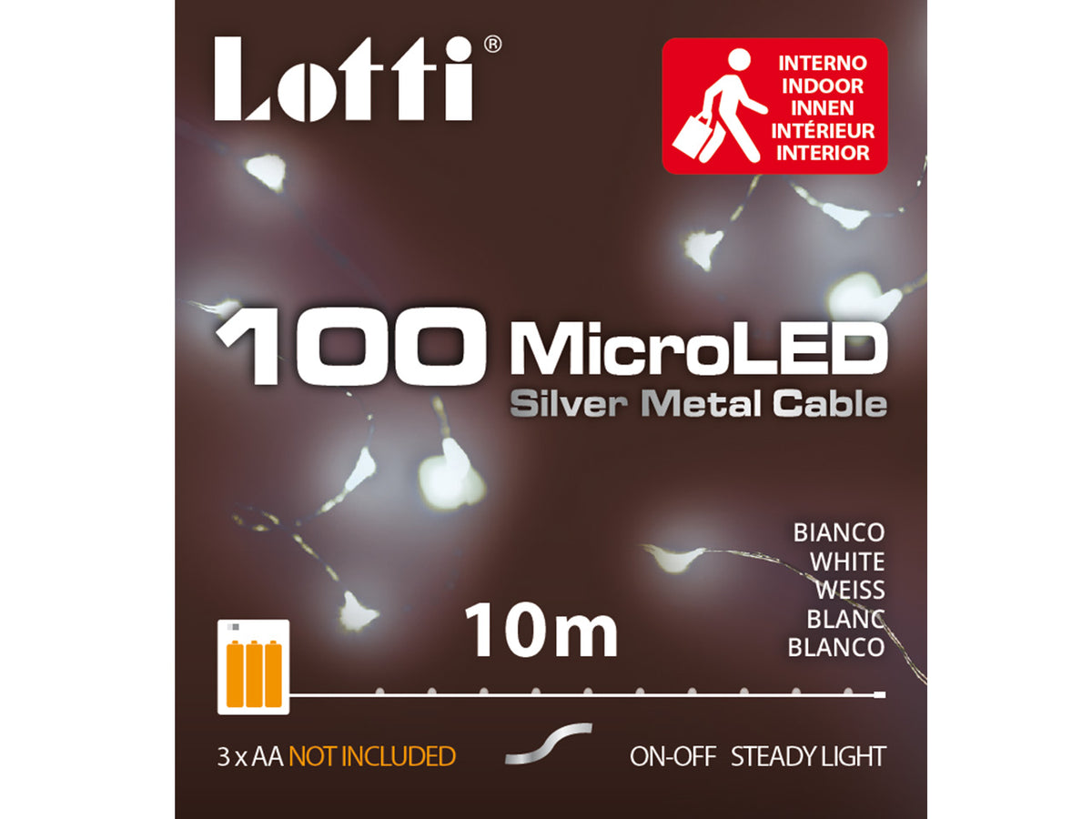 Luci con filo in metallo argento 10mt, 100 micro led bianco freddo, luce fissa, a batteria 3xAA 1,5V non incluse