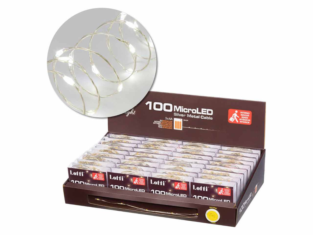 Luci con filo in metallo argento, 100 mini led multicolor, luce fissa, a batteria, uso interno